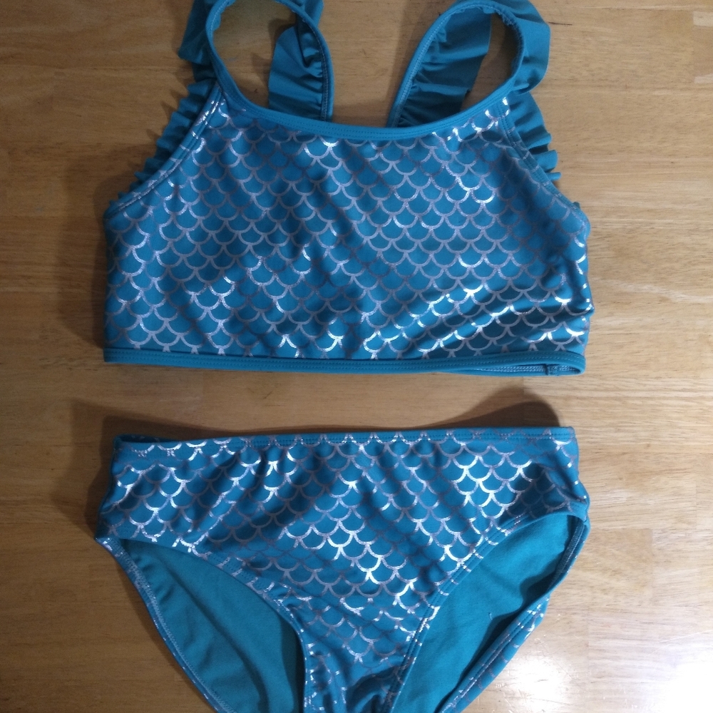 Girls swimsuit 2 piece full coverage top & bottom, teal mermaid pattern XL 14/16